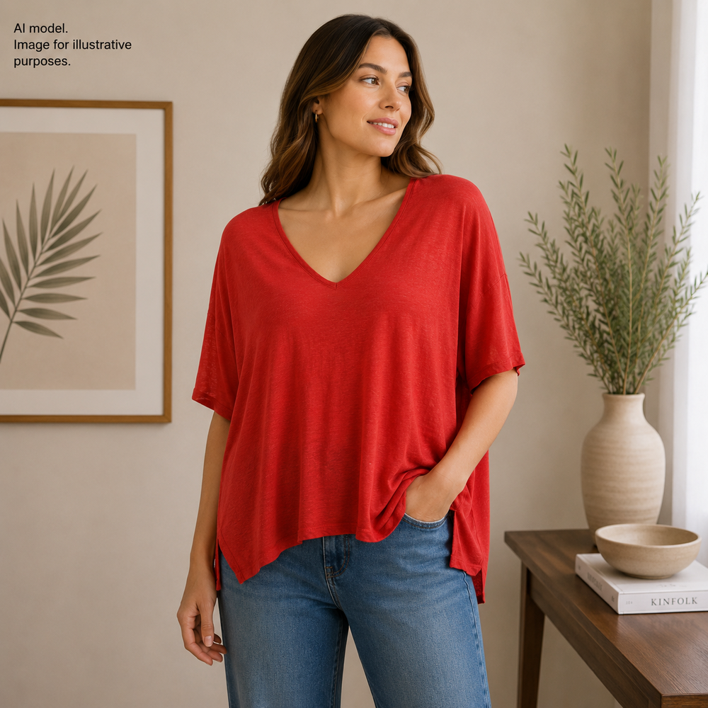 Zara Shirt Womens Large Red Linen V Neck Dolman Sleeve Basic Lightweight Top
